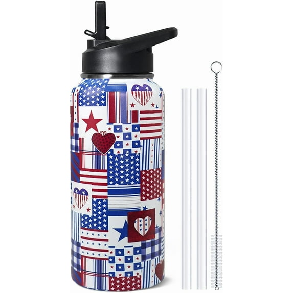 32oz American Flag Flip Stainless Insulated Aater Water Bottle with Straw,4th of July Gym Hiking Sports Coffee Mug Cup Water Bottles,Patriotic Military Gifts For Veterans, Police