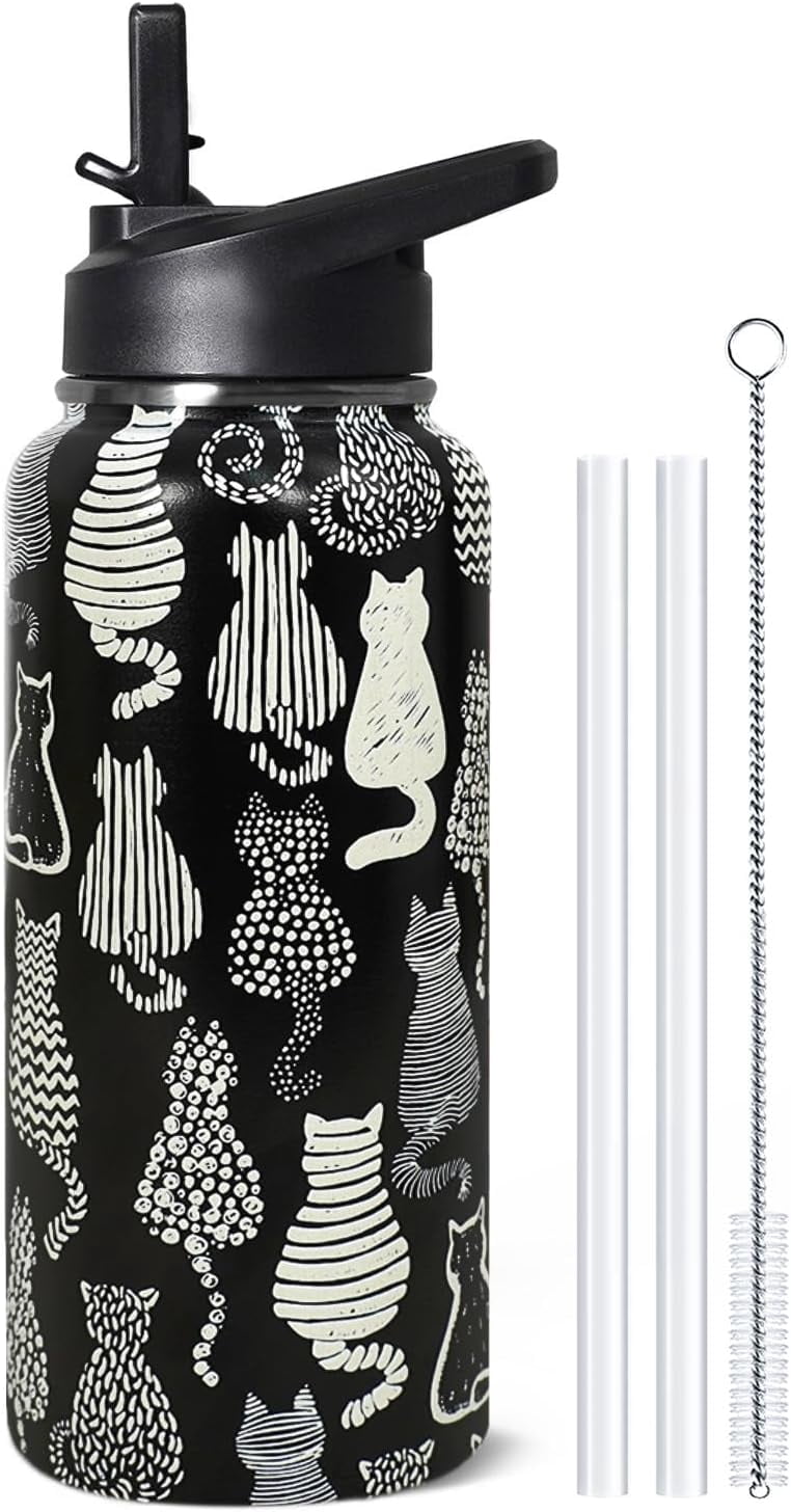 32oz Black Cat Insulated Aater Water Bottle with Straw,Cat Gym Hiking Sports Coffee Mug Cup Water Bottles,Penguin Gifts for Women,Cat Decor Stuff Accessories