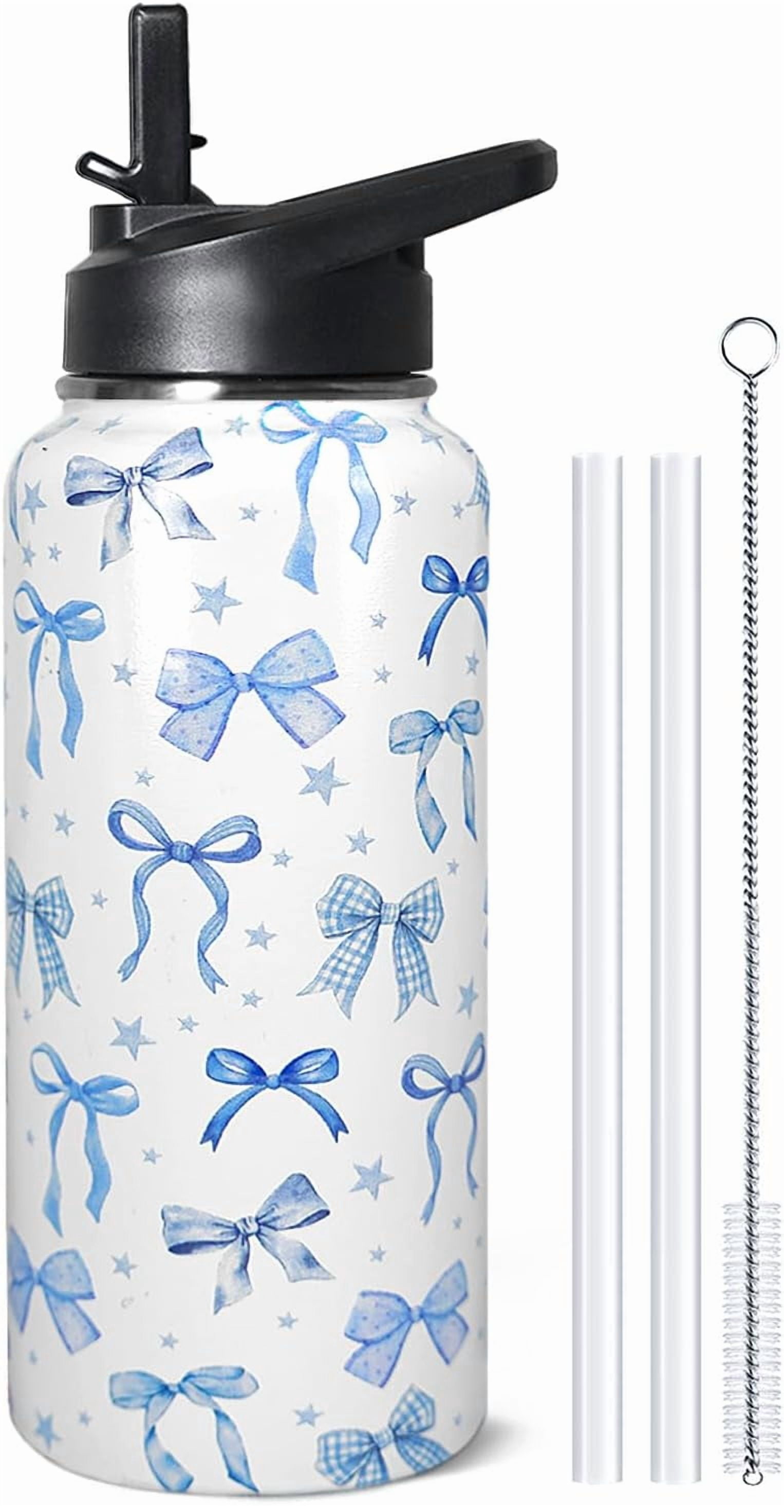 32oz Blue Bow Stainless Insulated Aater Water Bottle with Straw,Bow Gym Hiking Sports Coffee Mug Cup Water Bottles,Bow Gifts for Women,Bow Decor Stuff Accessories
