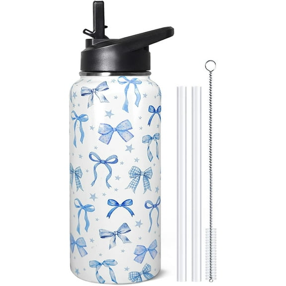 32oz Blue Bow Stainless Insulated Aater Water Bottle with Straw,Bow Gym Hiking Sports Coffee Mug Cup Water Bottles,Bow Gifts for Women,Bow Decor Stuff Accessories