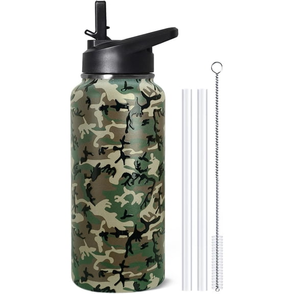 32oz Camo Insulated Aater Water Bottle with Straw Gym Hiking Sports Coffee Mug Cup Water Bottles Gifts for Women,Camo Decor Stuff Accessories