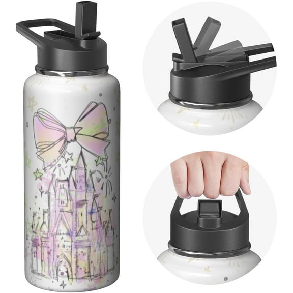 32oz Cartoon Castle Water Bottle - Fireworks Bowknot Double Wall Vacuum Insulated Stainless Steel Tumbler with Leakproof Flip Straw & Handle,Travel Mug for Hot/Cold Drinks - Gift for Castles Lovers