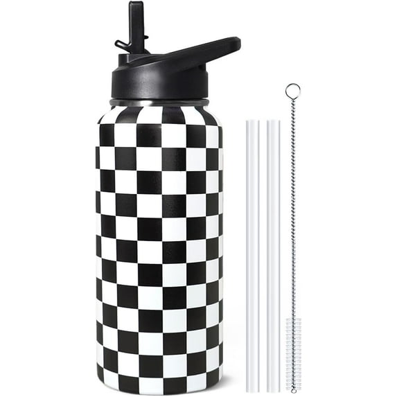 32oz Checkered Stainless Insulated Aater Water Bottle with Straw,Checkered Gym Hiking Sports Coffee Mug Cup Water Bottles,Checkered Gifts for Women,Checkered Decor Stuff Accessories