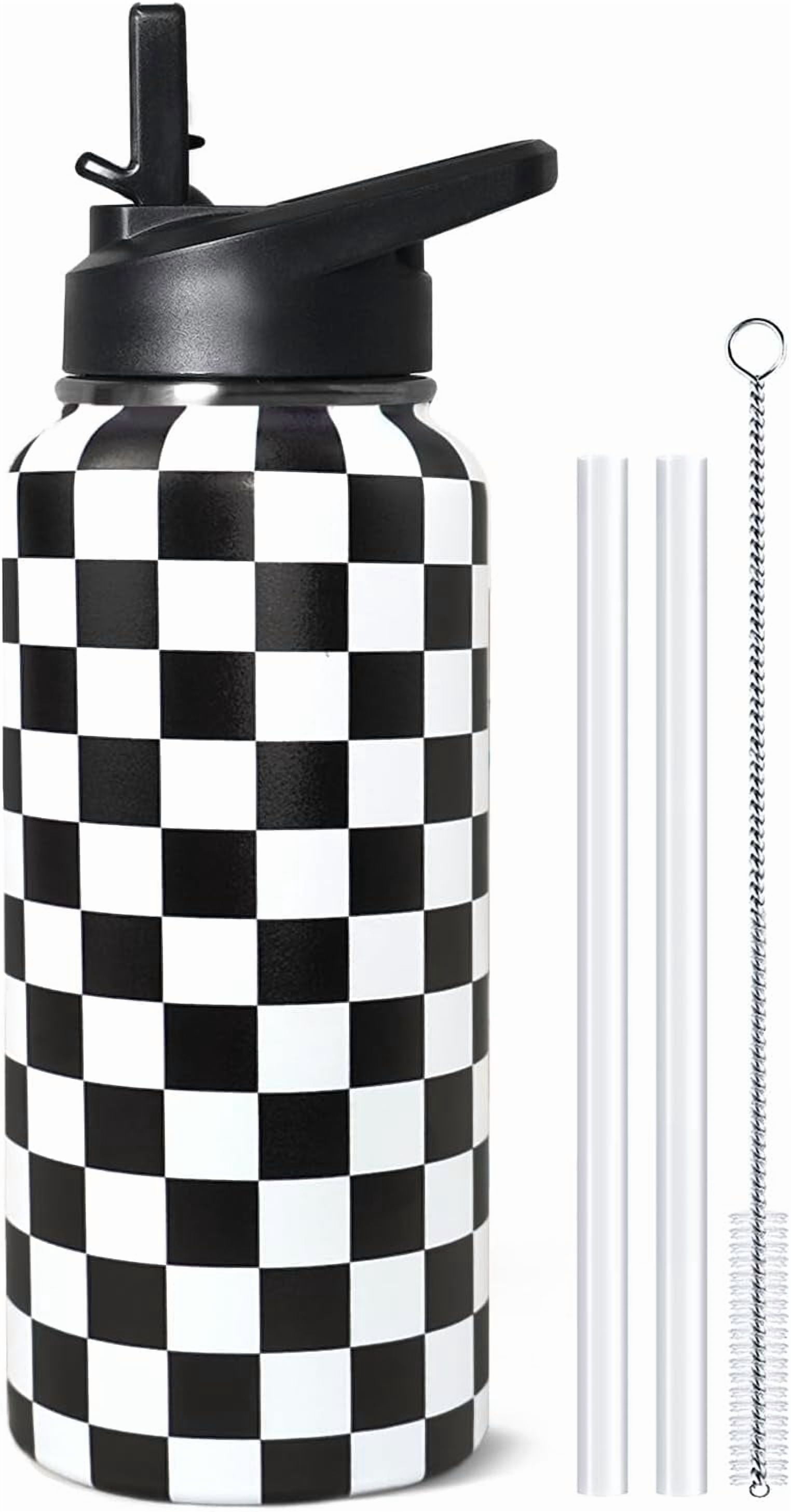 32oz Checkered Stainless Insulated Aater Water Bottle with Straw,Checkered Gym Hiking Sports Coffee Mug Cup Water Bottles,Checkered Gifts for Women,Checkered Decor Stuff Accessories