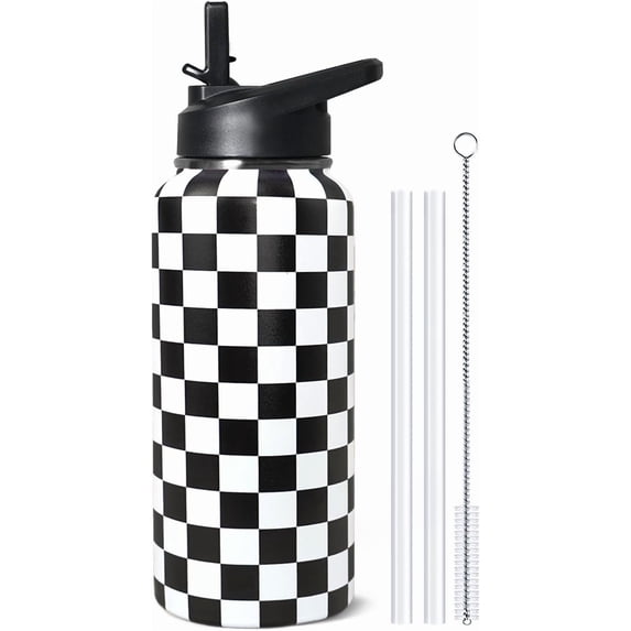 32oz Checkered Stainless Insulated Aater Water Bottle with Straw,Checkered Gym Hiking Sports Coffee Mug Cup Water Bottles,Checkered Gifts for Women,Checkered Decor Stuff Accessories