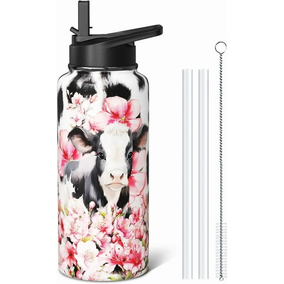 32oz Cow Print Water Bottles with Flip Straw & Spout Lid, Double Wall Stainless Steel Travel Sport Bottle, Gym Gifts for Women Men (1PC)