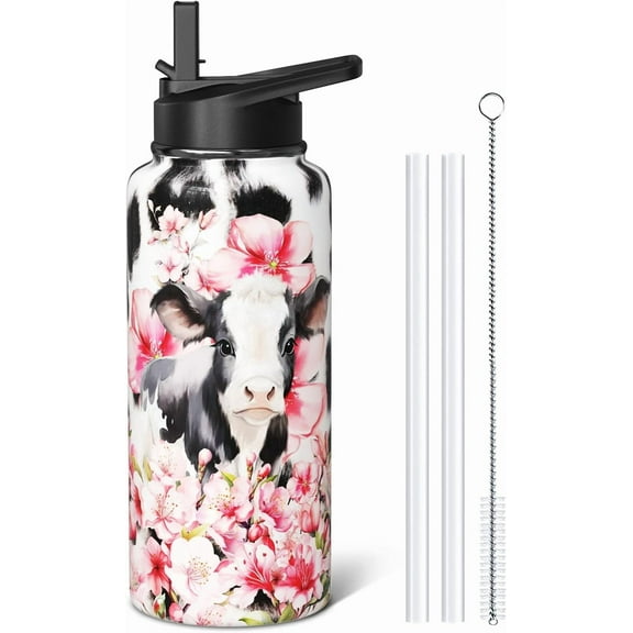 32oz Cow Print Water Bottles with Flip Straw & Spout Lid, Double Wall Stainless Steel Travel Sport Bottle, Gym Gifts for Women Men (1PC)