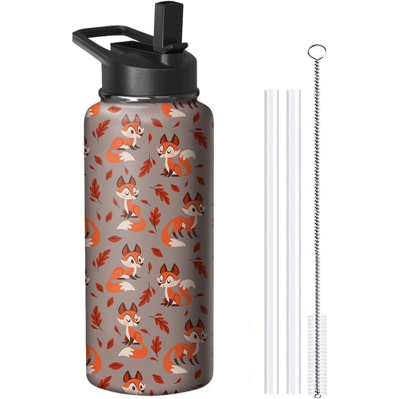 32oz Cute Fox Water Bottle with Handle and Flip Straw, Sports Stainless Steel Insulated Cup, Travel Coffee Mug Tumbler, Birthday Mothers Day Chritmas Gifts for Women Animal Lovers