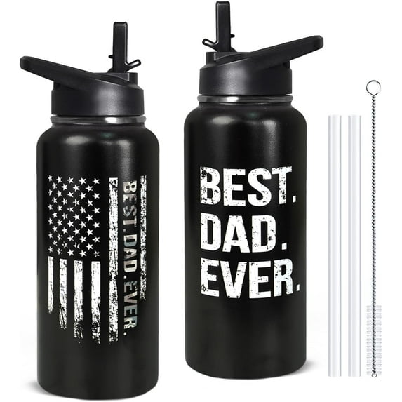 32oz Dad Water Bottle, Stainless Steel Insulated Tumbler with Straw & Lid - Leakproof Gym, Hiking, Sports Cup - Ideal Fathers Day Gift for Dad from Daughter or Son