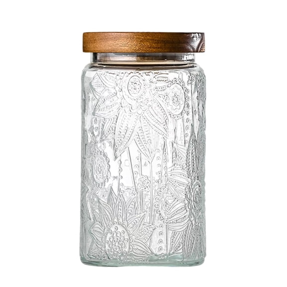 32oz Decorative Glass Jar with Sealable Lid, Airtight Pantry Storage for Coffee Tea Sugar Spices Flour Cereal Pasta, Sunflower Embossed Kitchen Container, Clear
