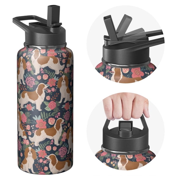 32oz Double Walled Stainless Steel Dog Themed Water Bottle for Athletics Dog Design Wide Mouth Handle Lid
