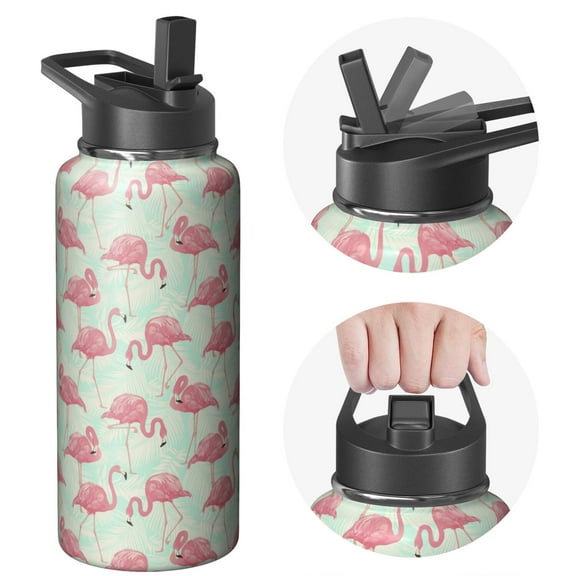 32oz Double Walled Stainless Steel Sports Flask Flamingo Themed Themed Wide Mouth Handle Lid Leak Proof