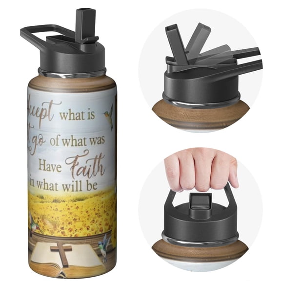 32oz Farmhouse Themed Inspired Triple Walled Insulated Water Bottle Stainless Steel With Straw Leak Proof