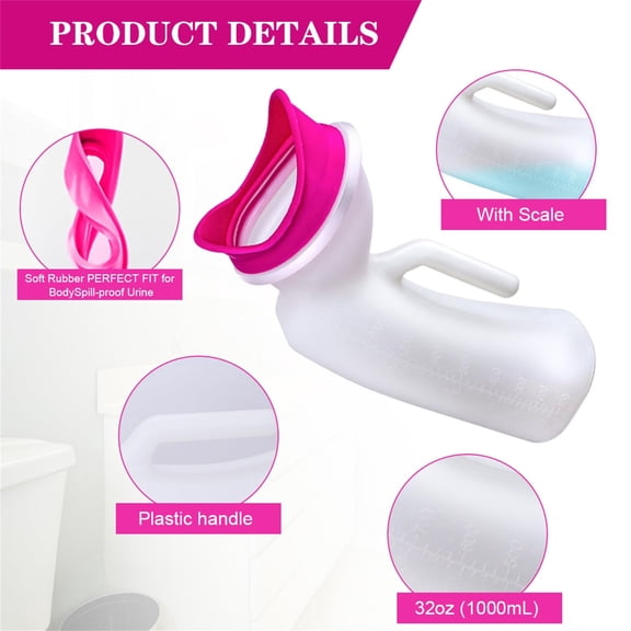 32oz Female Urinal with Soft Silicone Interface, Spill-Proof Portable Urinal for Women, 1000mL Graduated Urine Collection Container for Camping, Travel, Pregnancy, Bedbound, and Elderly