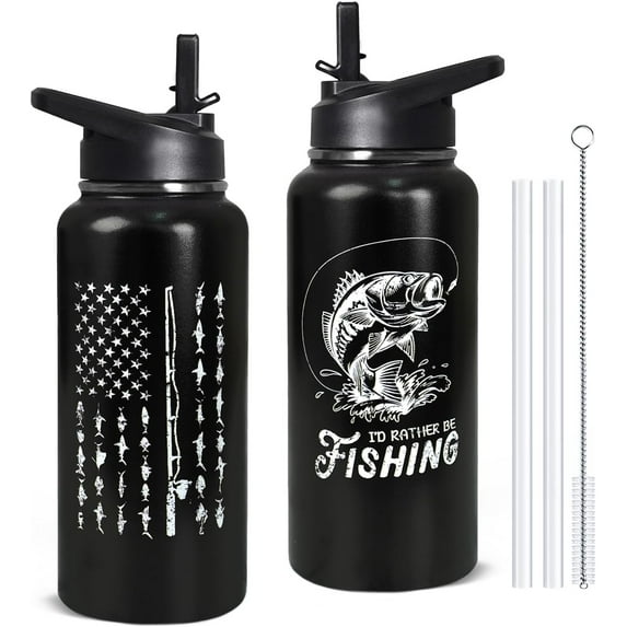 32oz Stainless Steel Insulated Water Bottle with Straw for Fishing, Gym, Hiking, Sports | Reusable Coffee Mug Cup | Fishing Accessories