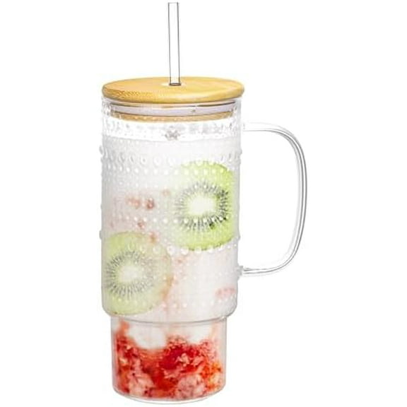 32oz Glass Cup with Lid and Straw, Embossed Beaded Glass Tumbler with Handle Bamboo Lid and Straw for Whiskey Cocktail Beer, Iced Coffee, Hot/Cold Drinks$$Home Decor, Kitchen, & Other