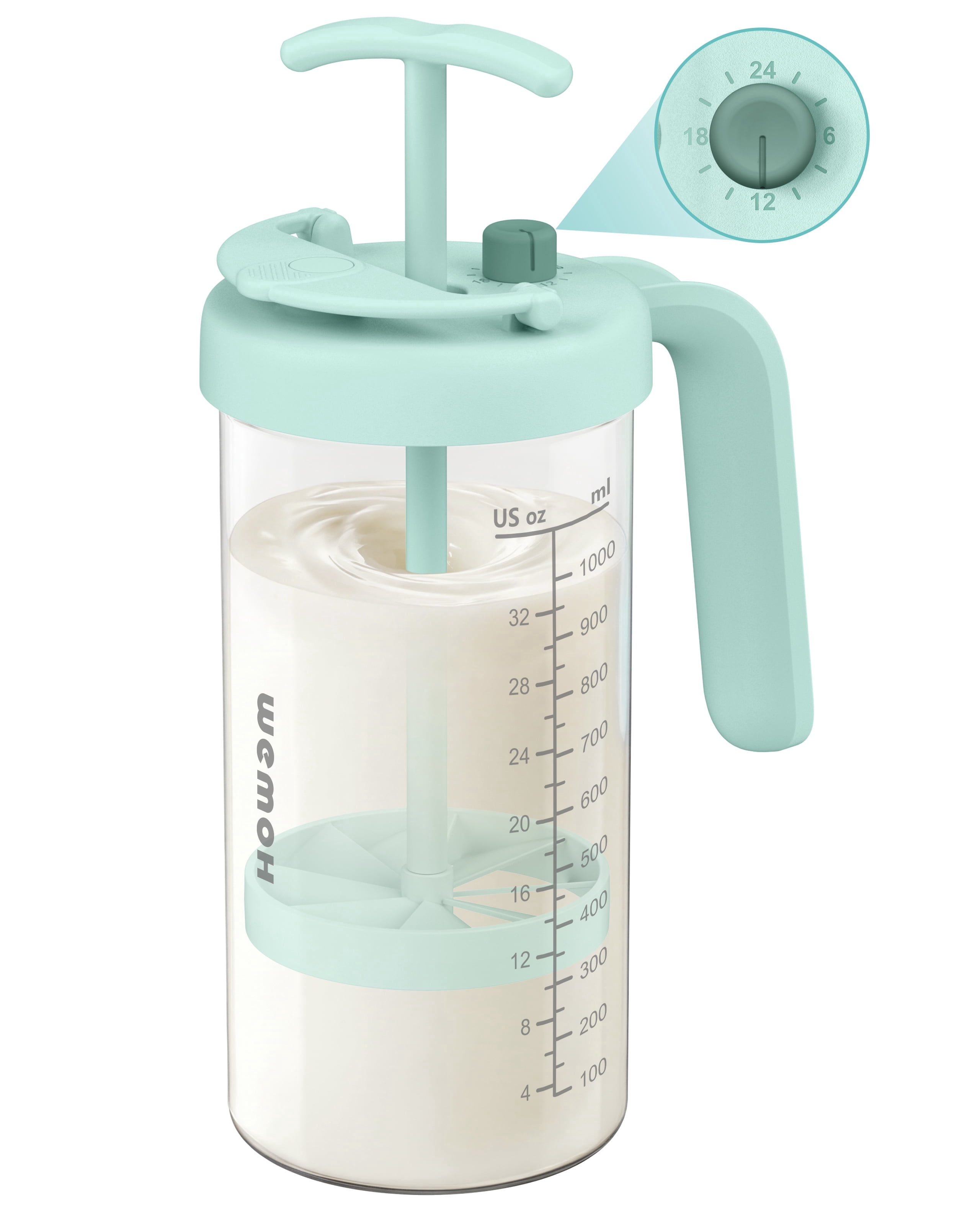 Borosilicate Glass Formula Mixing Pitcher with Time Dial, 32oz True Capacity BPA-Free Baby Bottle Mixer, Dishwasher-Safe Breastmilk Pitcher for Pitcher Method, Overnight Feeding & Twins