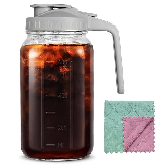 32oz Glass Pitcher Carafes With Handle And Lid 1 Quart Mason Jar Large Water Jug Containers For Fridge Juice Iced & Sun Tea Cold Brew Coffee Homemade Beverage
