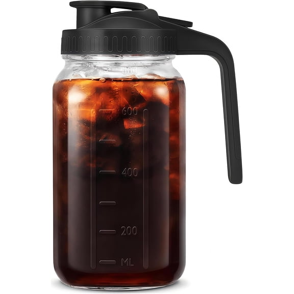 32oz Glass Pitcher with Handle and Lid, 1 Quart Mason Jar Pitcher - Airtight & Leakproof Water Jug with Pour Spout Lid, Glass Containers for Fridge,  for Juice, Cold Brew, Iced & Sun
