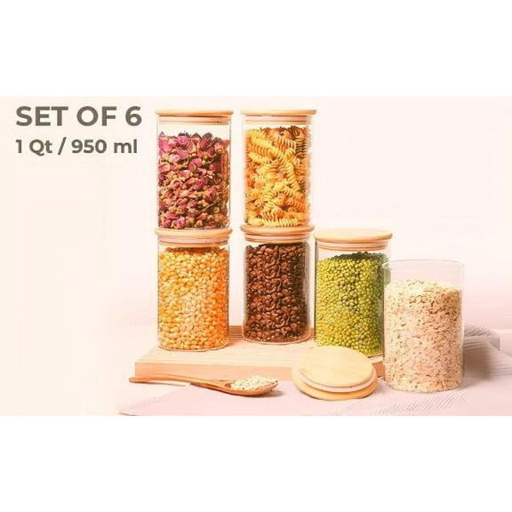 32oz Glass Storage Containers with Lids, Glass Jars with Lids, Clear Food Storage Jar, Round Glass Canister Set of 6, Pantry Organizers and Storage for Cookie Pasta Flour Rice Tea Coffee Bean