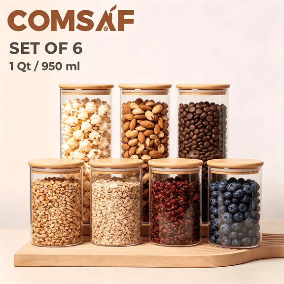 ComSaf 6 Pack 1 Qt Clear Round Glass Canisters with Lids Pantry Storage Jars for Flour Rice Pasta Coffee Tea Cookies