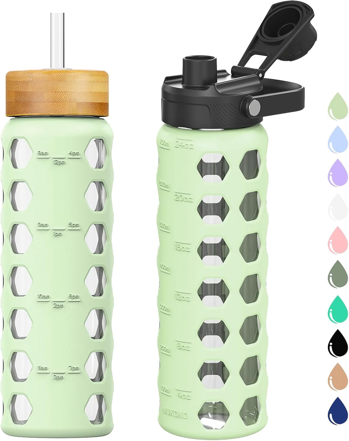 32oz Glass Water Bottles with 2 Lids-Handle Spout Lid&Bamboo Straw Lid ...
