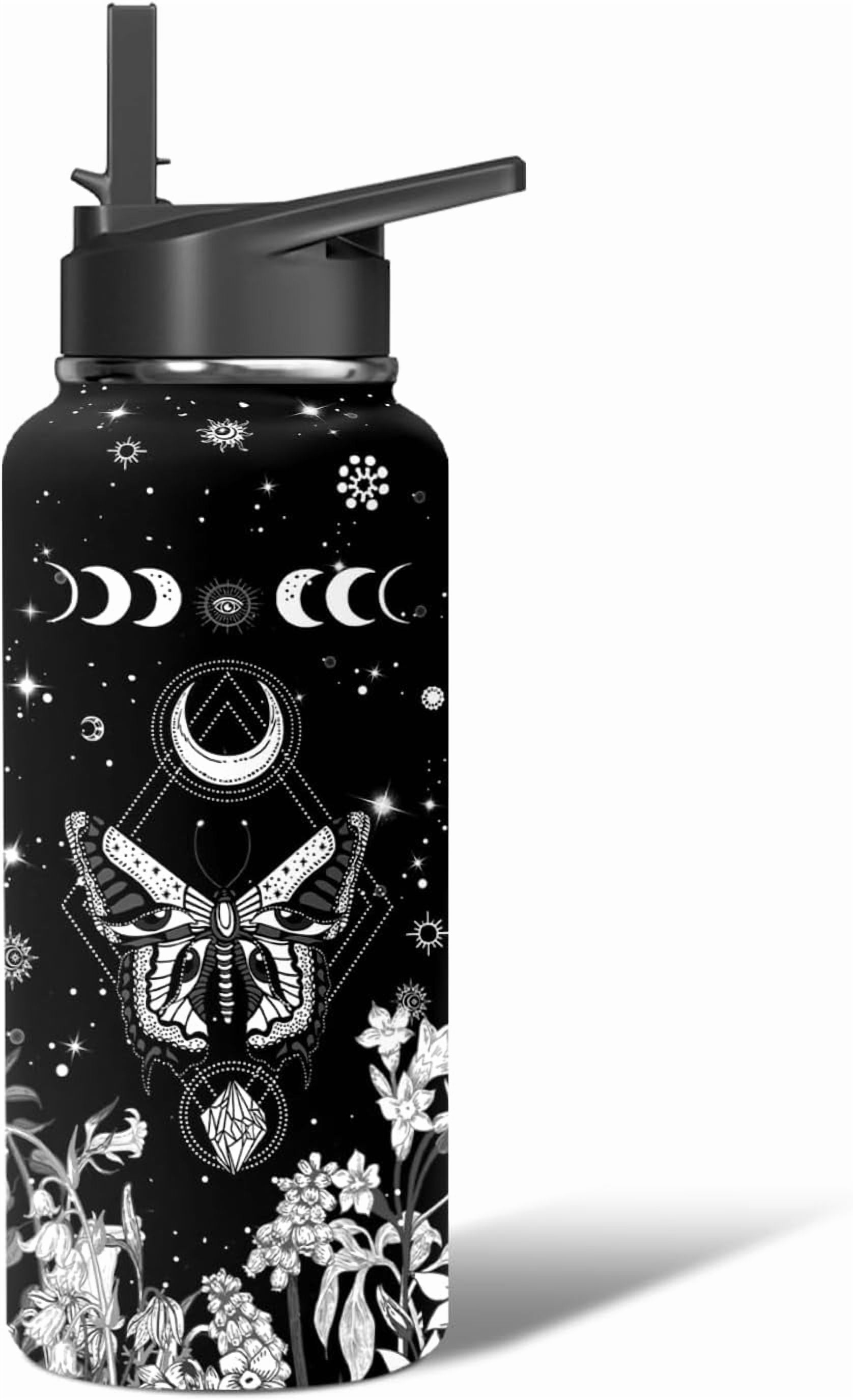 32oz Goth Water Bottle - Double Wall Vacuum Insulated Stainless Steel Tumbler with Leakproof Flip Straw & Handle, Gothic Aesthetic Travel Mug for Hot/Cold Drinks - Gift for Goth Lovers