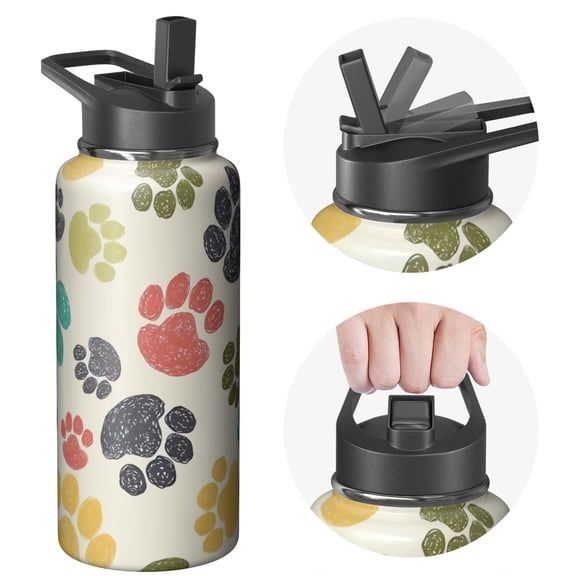 32oz Gym Flask - Insulated Stainless Steel Sports Dog Water Bottle with Handle Lids, Wide Mouth, Double Walled, Leakproof, 24Hrs Cold 12Hrs Hot, for Dog Fans