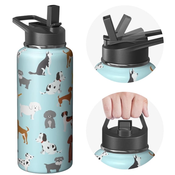 32oz Gym Flask - Wide Mouth, Insulated Stainless Steel Sports Dog Water Bottle with Handle Lids, Double Walled, Leakproof, 24Hrs Cold 12Hrs Hot, for Dog Enthusiasts