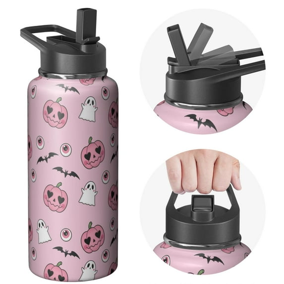 32oz Halloween Travel Mug with Lid and Straw – Stainless Steel Insulated Tumbler with Handle – Cute Ghost Pumpkin Witch Design – Fall Coffee Cup Gift for Her Him