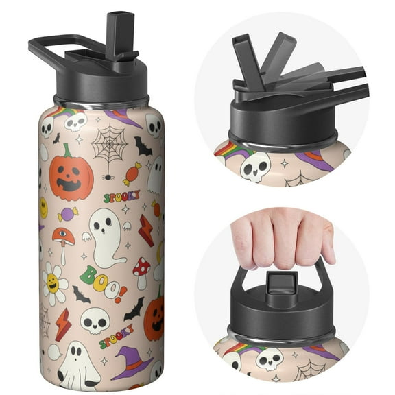 32oz Halloween Travel Mug with Lid and Straw – Stainless Steel Insulated Tumbler with Handle – Cute Ghost Pumpkin Witch Design – Fall Coffee Cup Gift for Her Him
