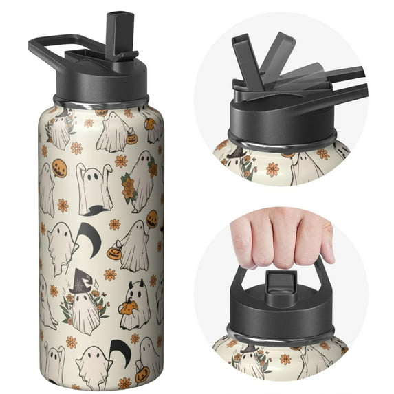 32oz Halloween Travel Mug with Lid and Straw – Stainless Steel Insulated Tumbler with Handle – Cute Ghost Pumpkin Witch Design – Fall Coffee Cup Gift for Her Him