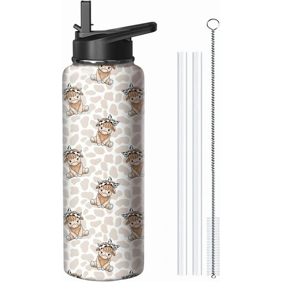32oz Highland Cow Water Bottle with Handle and Flip Straw, Animal Sports Stainless Steel Insulated Cup Travel Coffee Mug Tumbler, Birthday Mothers Day Chritmas Gifts for Women