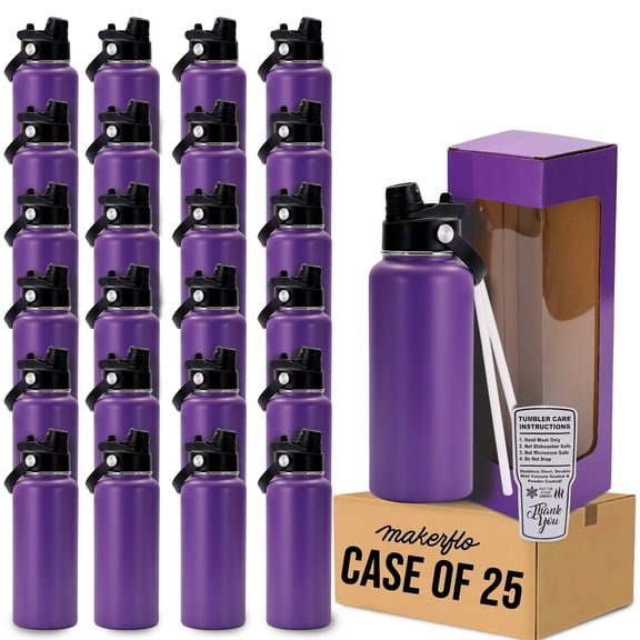 MakerFlo 32oz Purple Powder Coated Water Bottle Case of 25, Stainless Steel Vacuum Insulated Sports Bottle with 2-in-1 Straw & Chug Lid, Customizable Blank Bottle, Ideal for Laser Engraving