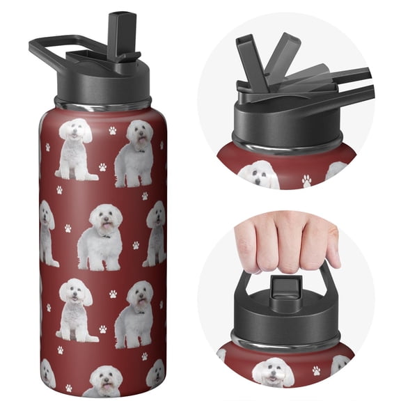 32oz Insulated Stainless Steel Sports Dog Water Bottle with Handle Lids - Wide Mouth, Double Wall, Leakproof, Keeps Cold 24Hrs Hot 12Hrs, Gym Flask for Dog Lovers