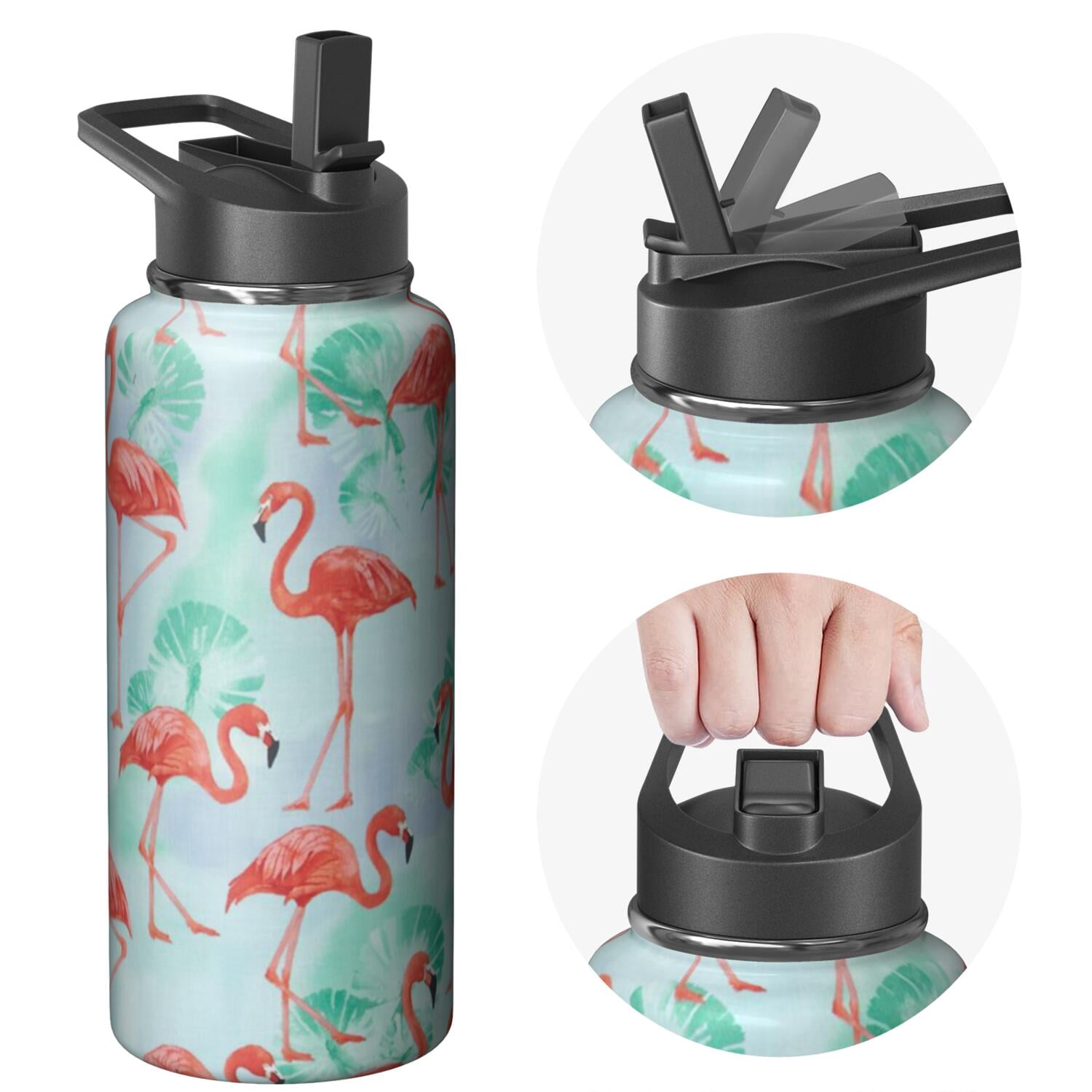 32oz Insulated Stainless Steel Sports Flamingo Themed Water Bottle Flamingo Themed Design Wide Mouth Handle Lid Double Walled Leak Proof Keeps Cold 24H Hot 12H