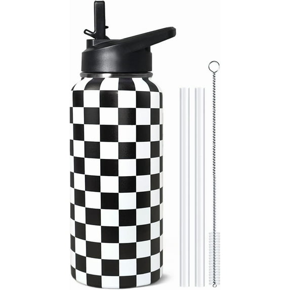 32oz Insulated Stainless Steel Water Bottle with Straw - Checkered Design for Gym, Hiking, Sports | Gift-Ready for Women