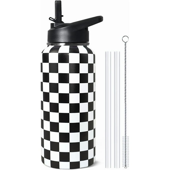 32oz Insulated Stainless Steel Water Bottle with Straw - Checkered Design for Gym, Hiking, Sports | Gift-Ready for Women
