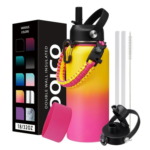 32oz Insulated Water Bottle with Straw/Spout Lids,Keep Cold 48-Hrs Hot 24-Hrs,Metal Water Bottles with Paracord Handle,Flasks for Women Men