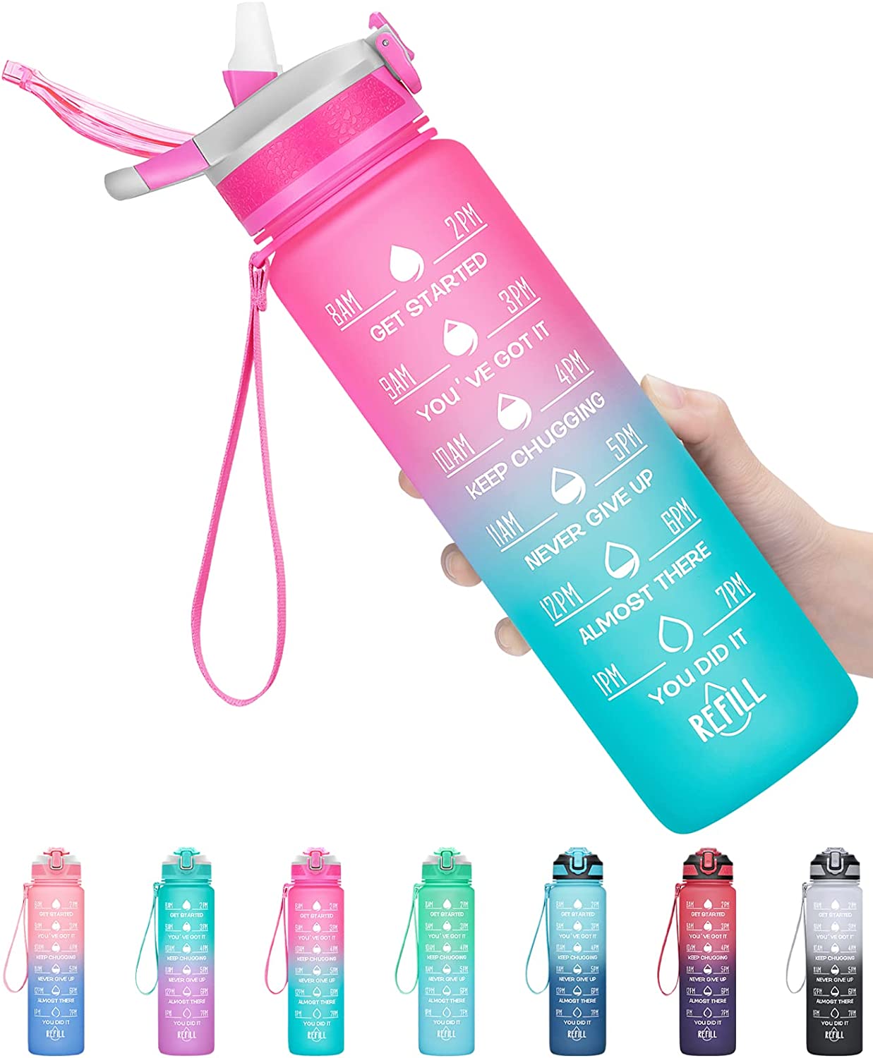 32oz Leakproof Motivational Sports Water Bottle with Straw & Time ...