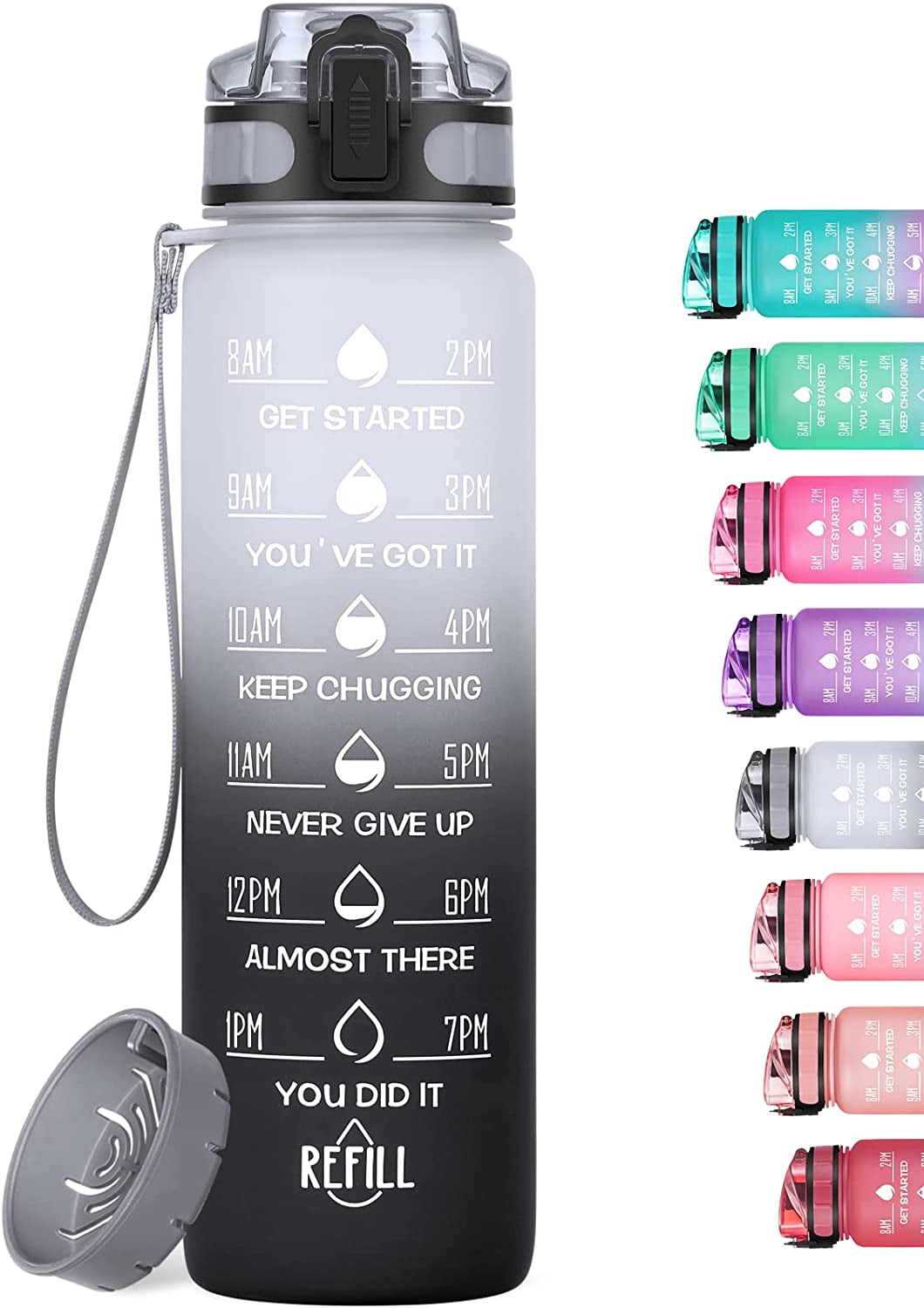 1L Motivational Water Bottle with Time Markers Grey / Black – Bottonic