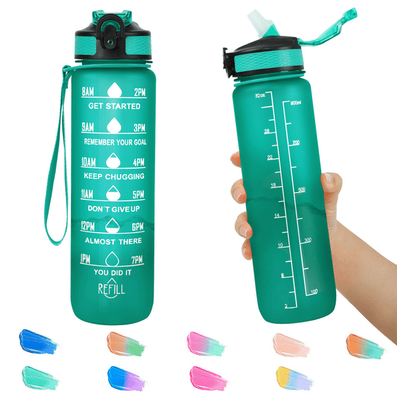 32oz Motivational Water Bottles with Time Marker & Straw, Leak-proof BPA Free Non-Toxic 1L Bottle, Portable Water Jug for Fitness Sports