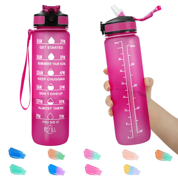 32oz Motivational Water Bottles with Time Marker & Straw, Leak-proof BPA Free Non-Toxic 1L Bottle, Portable Water Jug for Fitness Sports