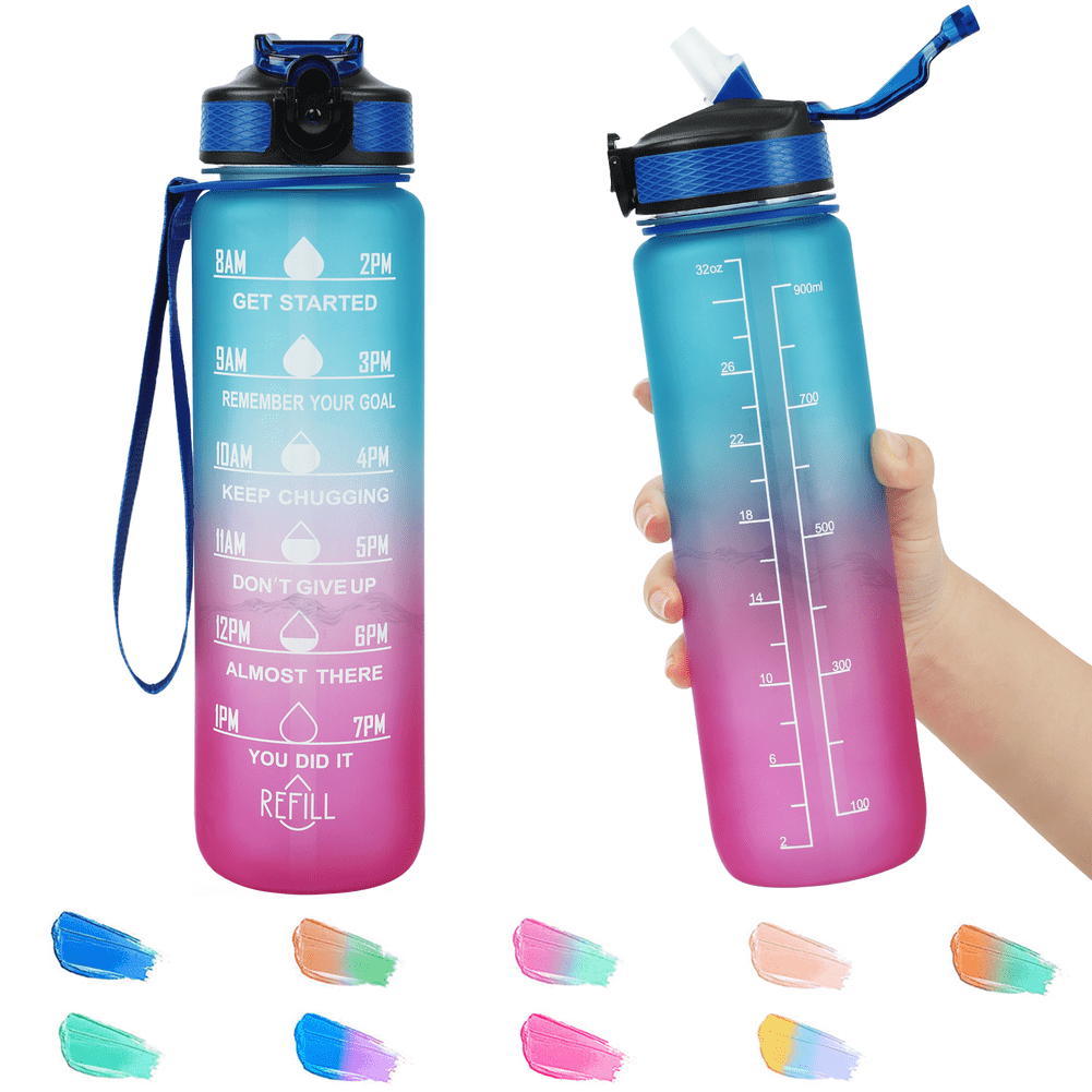 32oz Motivational Water Bottles with Time Marker & Straw, Leak-proof BPA Free Non-Toxic 1L Bottle, Portable Water Jug for Fitness Sports