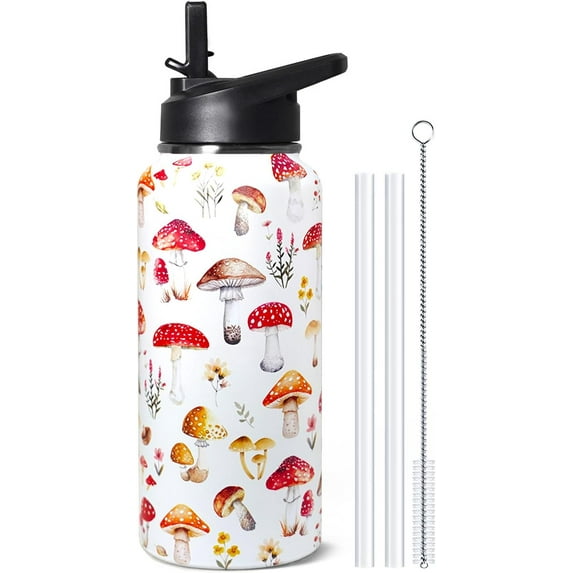 32oz Mushroom Stainless Insulated Aater Water Bottle with Straw,Mushroom Gym Hiking Sports Coffee Mug Cup Water Bottles,Mushroom Themed Gifts for Women,Mushroom Decor Stuff Accessories