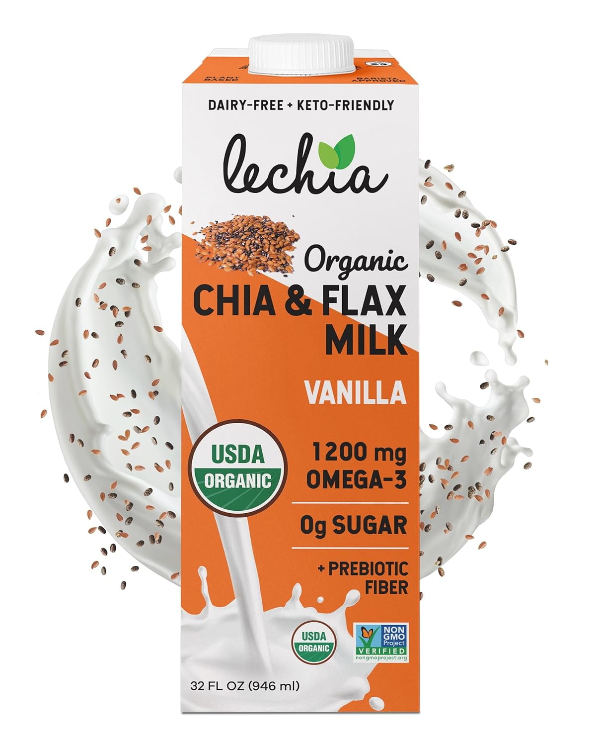 32oz NonDairy Milk, Chia Flax Milk Vanilla No Sugar Added (Pack of 6), USDA Organic, NonGMO