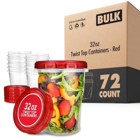 32oz Plastic Containers with Red Twist Top Lids (72 Pack) Quart Freezer Containers for Leftovers, Airtight Reusable Soup Storage, Microwave & Dishwasher Safe