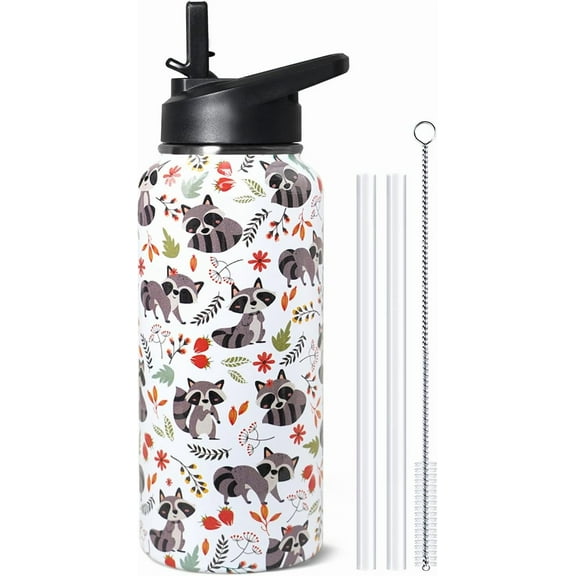 Racoon 32oz Stainless Steel Insulated Water Bottle with Straw Lid - for Gym, Hiking & Sports - Leakproof Coffee Mug - Great Gift for Women, Men - Home Decor Accessory