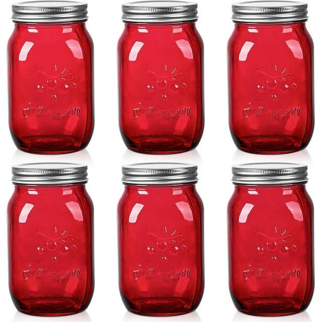 32oz Red Mason Jars with Lids, 6 Pack Wide Mouth Quart Canning Jar, Safe For Storage, Canning, Pickling, Preserving, Fermenting, DIY Crafts & Decor