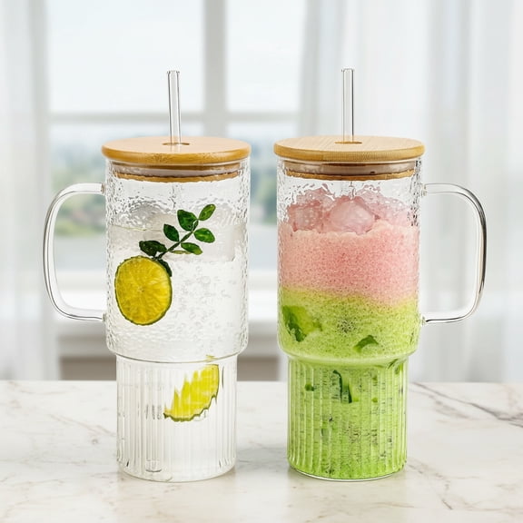 32oz Ribbed Glass Cup with Handle Lid and Straw, Borosilicate Glass Tumblers, Iced Coffee Cups Modern Glass Mug Hot/Cold Drinks for Smoothies, Tea, and Juice